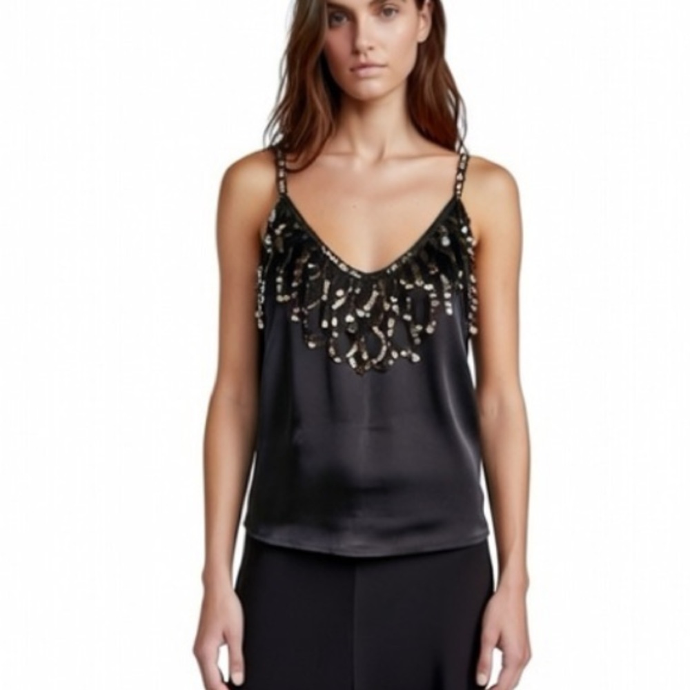 BCBGMAXAZRIA Black Sequin Silk Cami Top